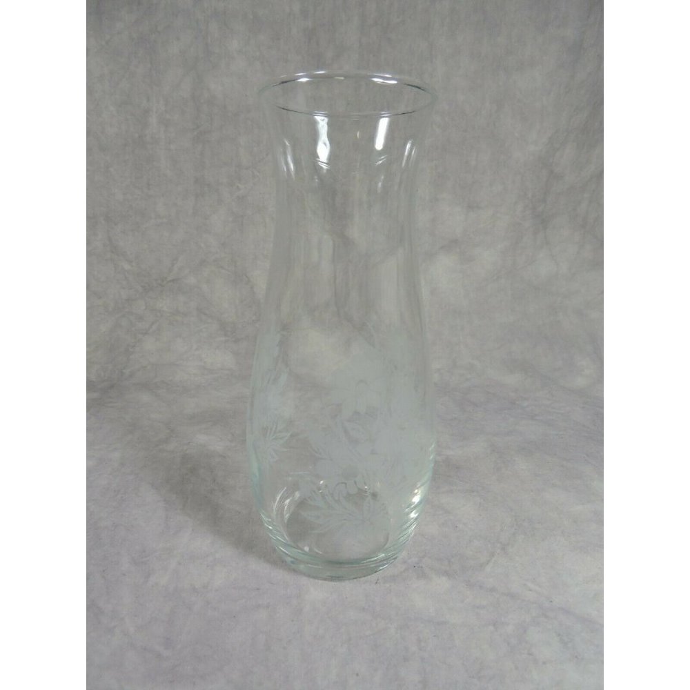 Clear Etched Flowers Glass Vase 7"